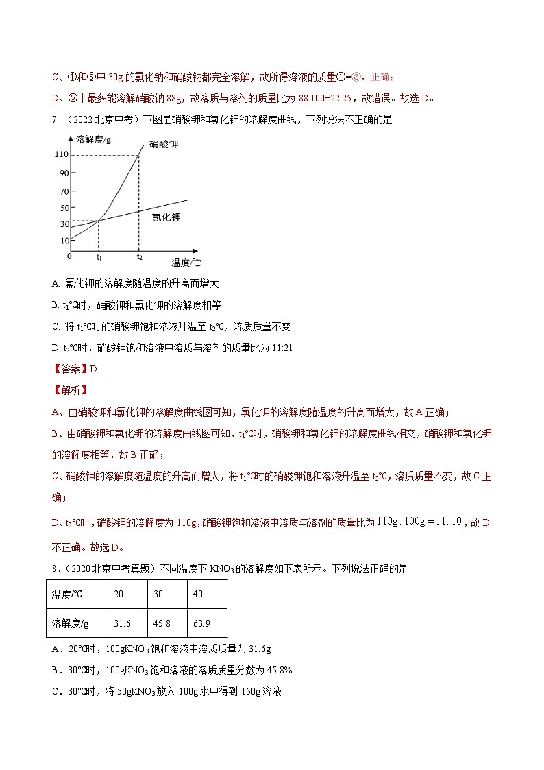 2018-2022年北京中考化学5年真题1年模拟分项汇编 专题12 溶液和溶解度曲线（学生卷+教师卷）03