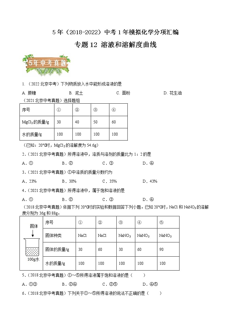 2018-2022年北京中考化学5年真题1年模拟分项汇编 专题12 溶液和溶解度曲线（学生卷+教师卷）01