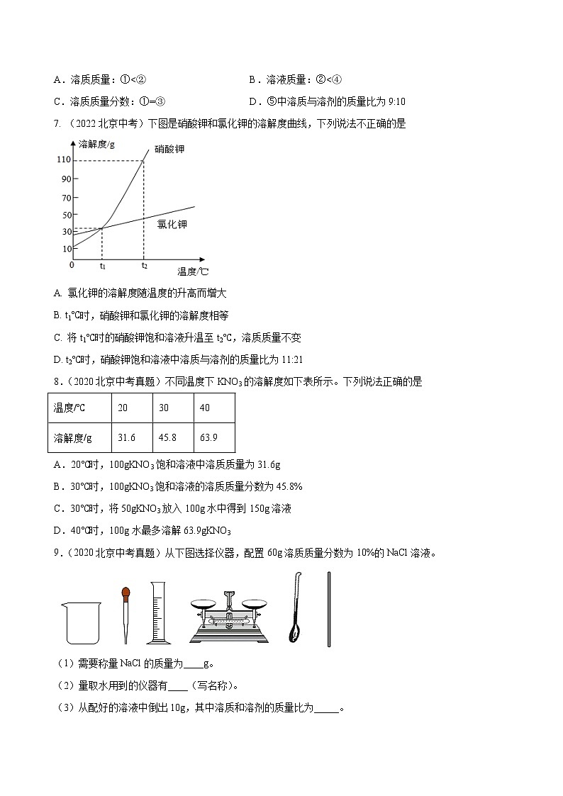 2018-2022年北京中考化学5年真题1年模拟分项汇编 专题12 溶液和溶解度曲线（学生卷+教师卷）02