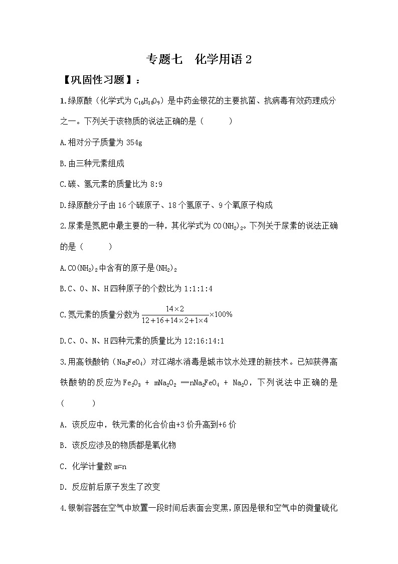 人教版化学9上期中复习 专题七《化学用语2》知识点课件+习题（含答案）01