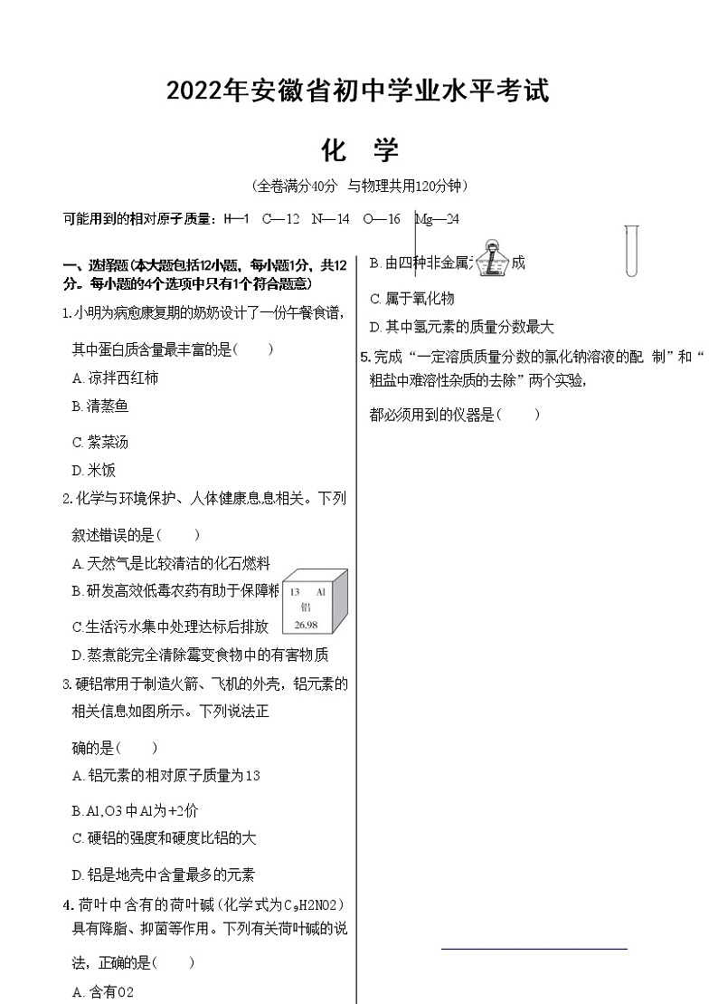 2022年安徽省初中学业水平考试化学（含答案解析）第1页