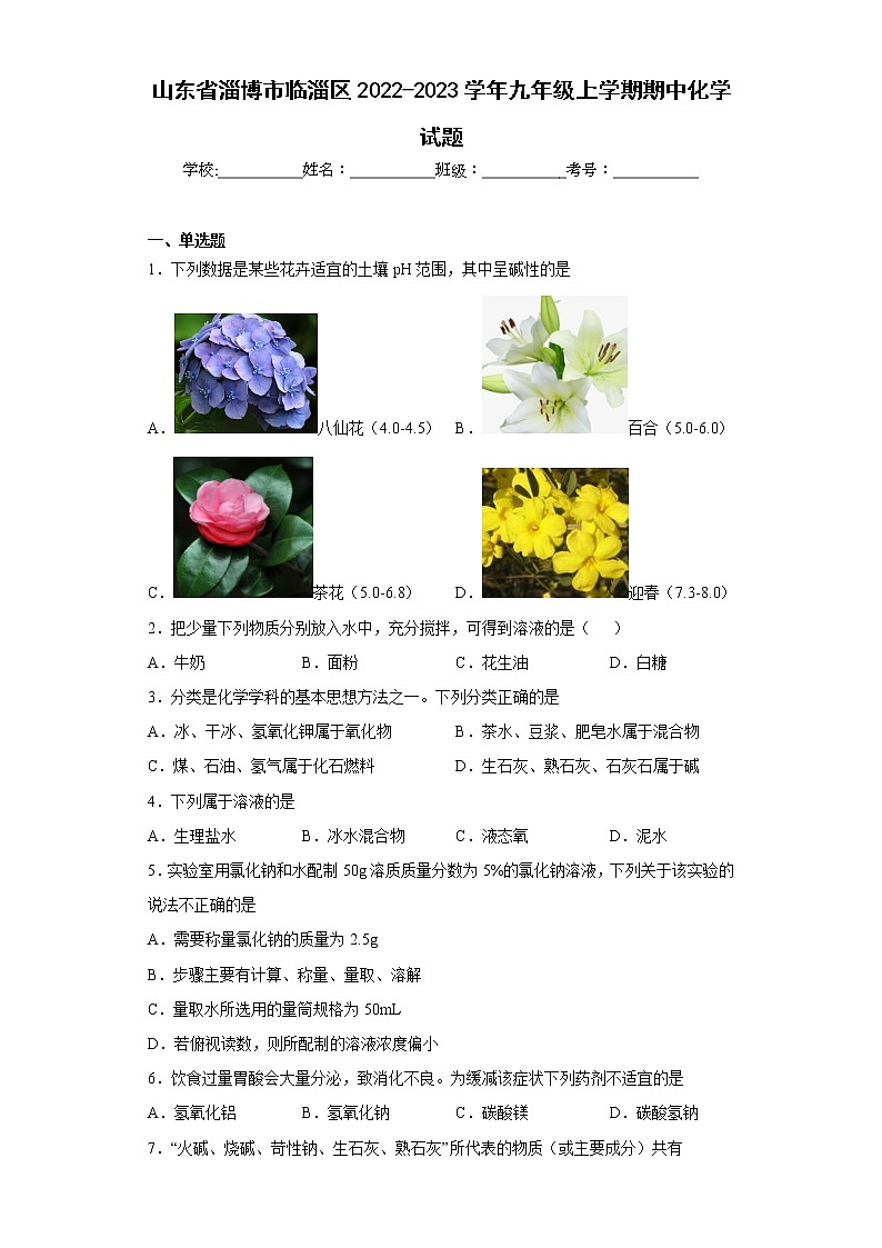 山东省淄博市临淄区2022-2023学年九年级上学期期中化学试题(含答案)01