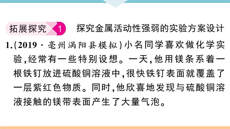 人教版九年级化学下册安徽习题讲评课件同步练习八单元金属和金属材料5实验突破一金属活动性顺序的探究第7页