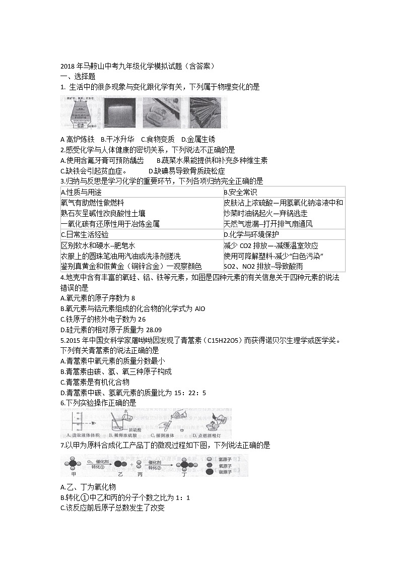 初三人教版九年级化学下册2018年安徽省马鞍山市中考九年级化学模拟试题第3页