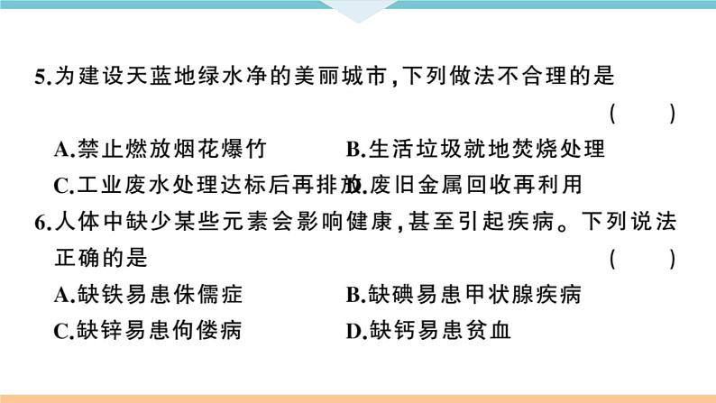 人教版九年级化学下册河南习题讲评课件阶段检测5十二单元检测卷第4页