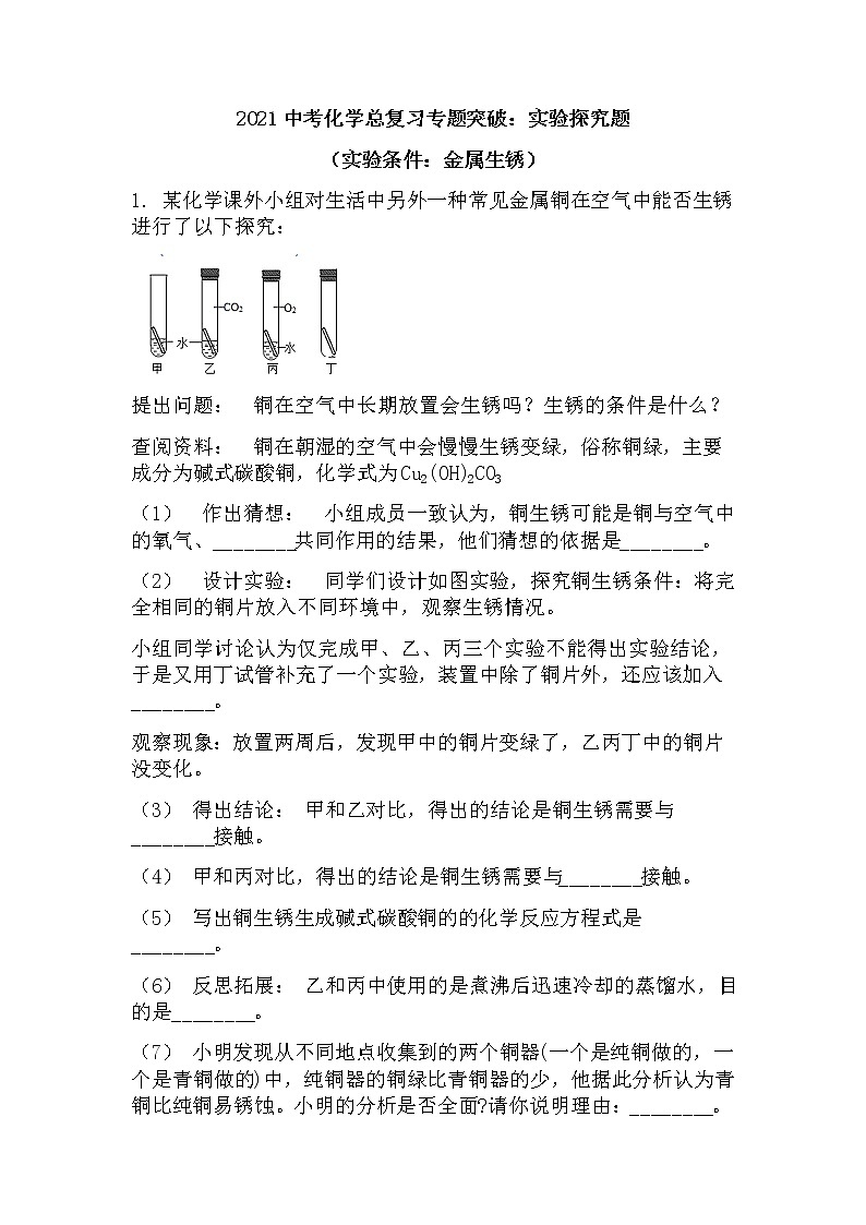 2021中考化学总复习专题突破实验探究题（实验条件）第1页