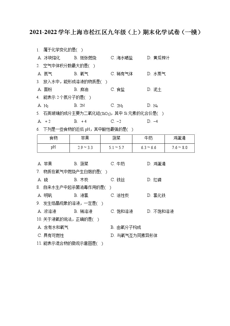 2021-2022学年上海市松江区九年级（上）期末化学试卷（一模）（含答案解析）01