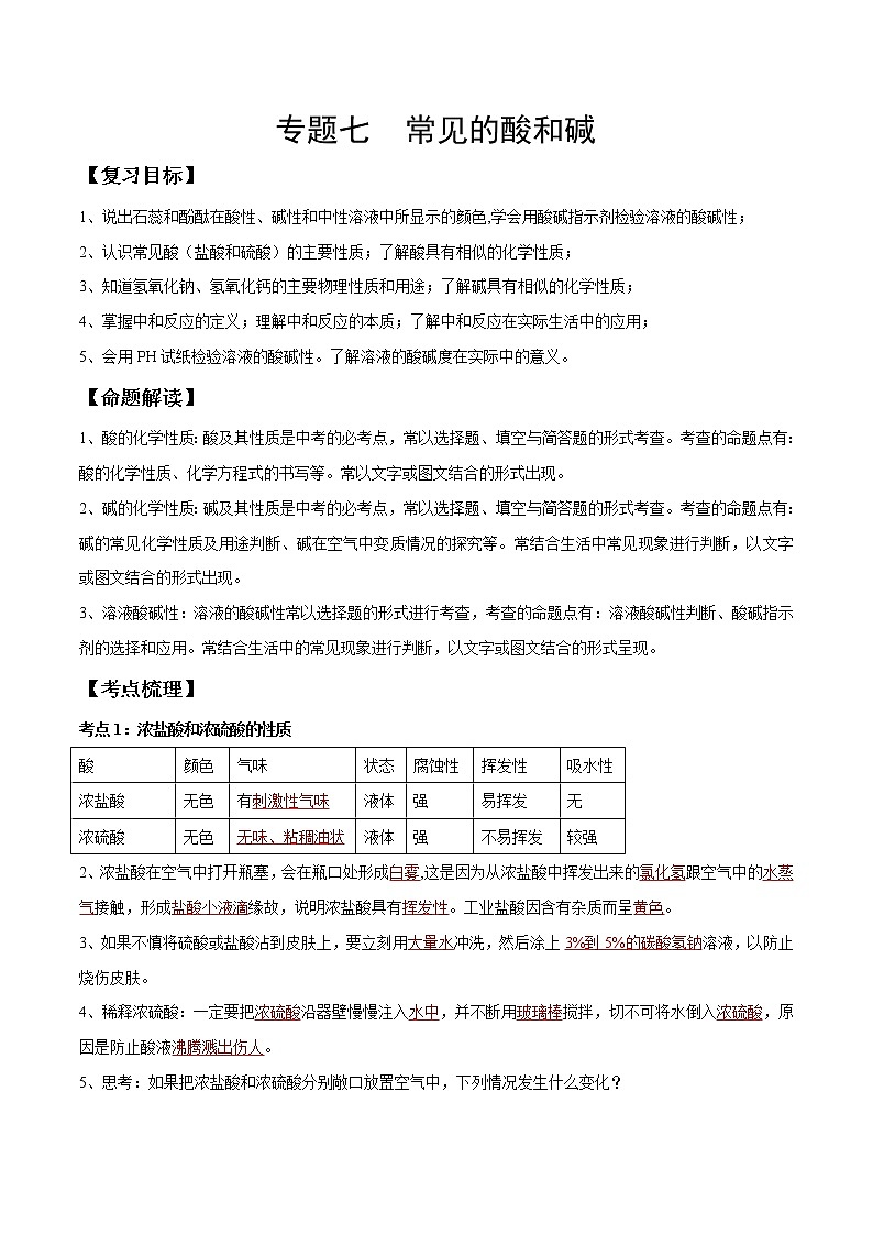 专题07 常见的酸和碱（考点精讲word版）-【满分之路】 中考化学一轮复习精讲精练(全国通用)（解析版）第1页