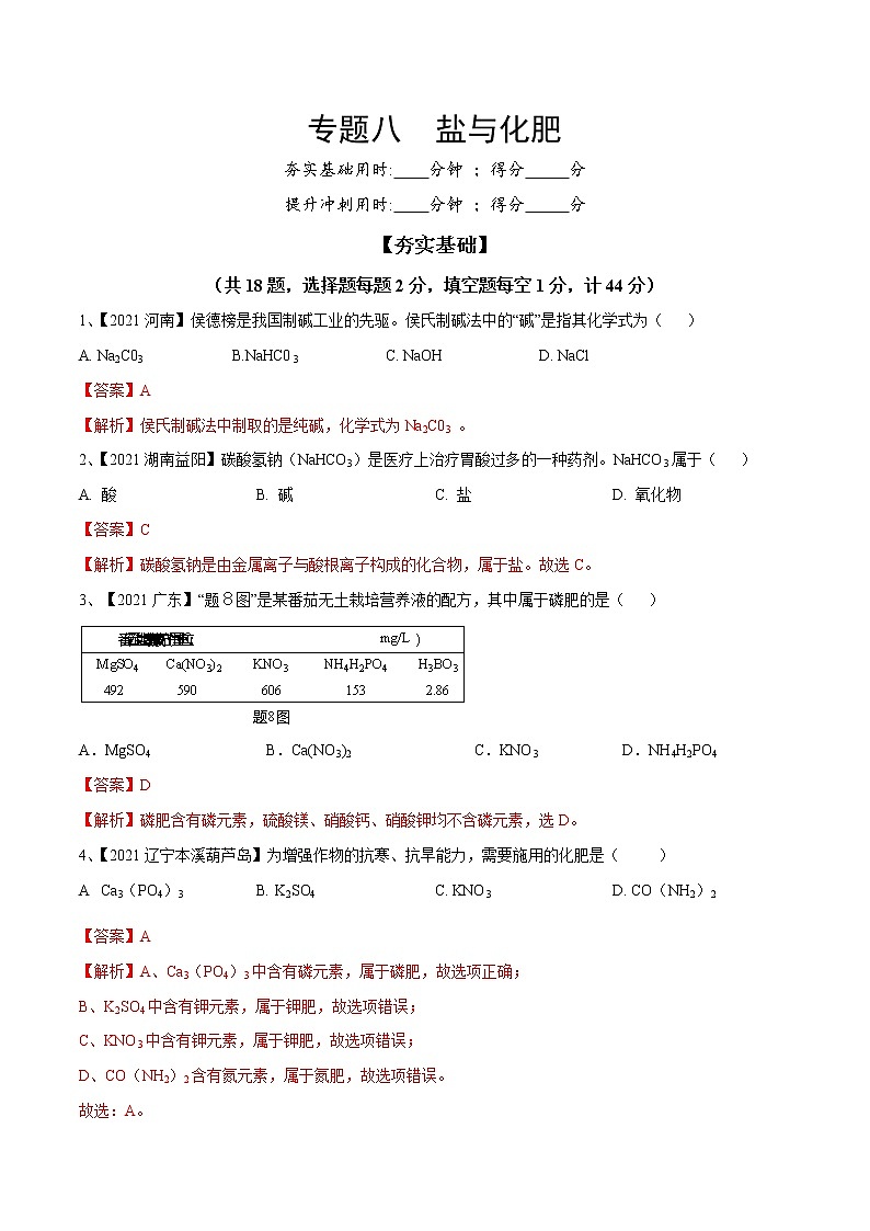 专题08 盐与化肥（专题精练）-【满分之路】 中考化学一轮复习精讲精练(全国通用)（解析版）第1页