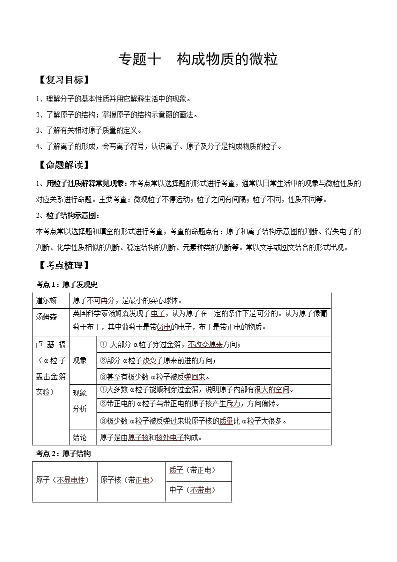 专题10 构成物质的微粒（考点精讲word版）-【满分之路】 中考化学一轮复习精讲精练(全国通用)（解析版）第1页