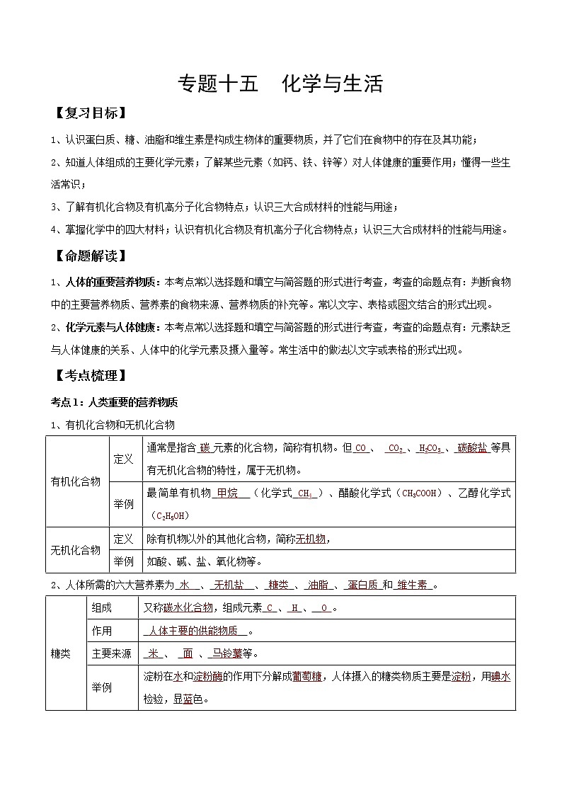 专题15 化学与生活（考点精讲word版）-【满分之路】 中考化学一轮复习精讲精练(全国通用)（解析版）第1页