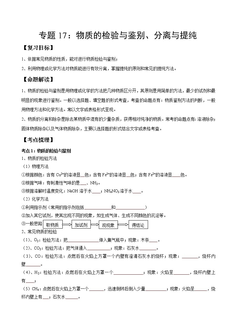 专题17 物质的检验与鉴别、分离与提纯（考点精讲word版）-【满分之路】 中考化学一轮复习精讲精练(全国通用)（原卷版）第1页