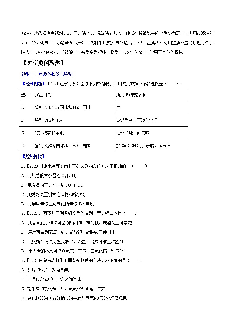 专题17 物质的检验与鉴别、分离与提纯（考点精讲word版）-【满分之路】 中考化学一轮复习精讲精练(全国通用)（原卷版）第3页