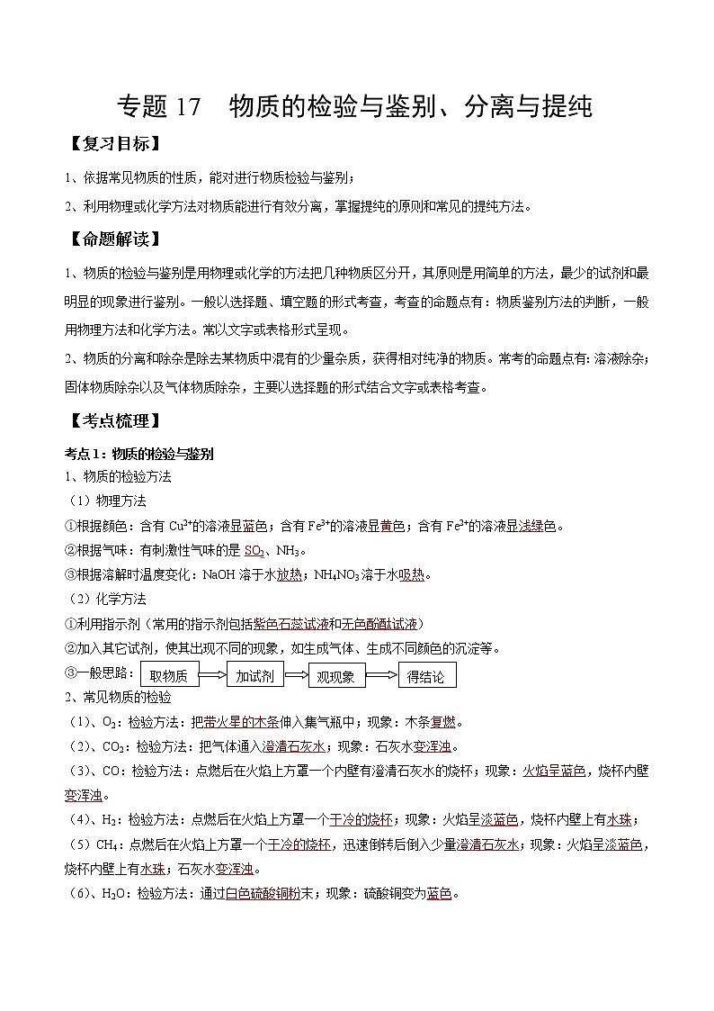 专题17 物质的检验与鉴别、分离与提纯（考点精讲word版）-【满分之路】 中考化学一轮复习精讲精练(全国通用)（解析版）第1页