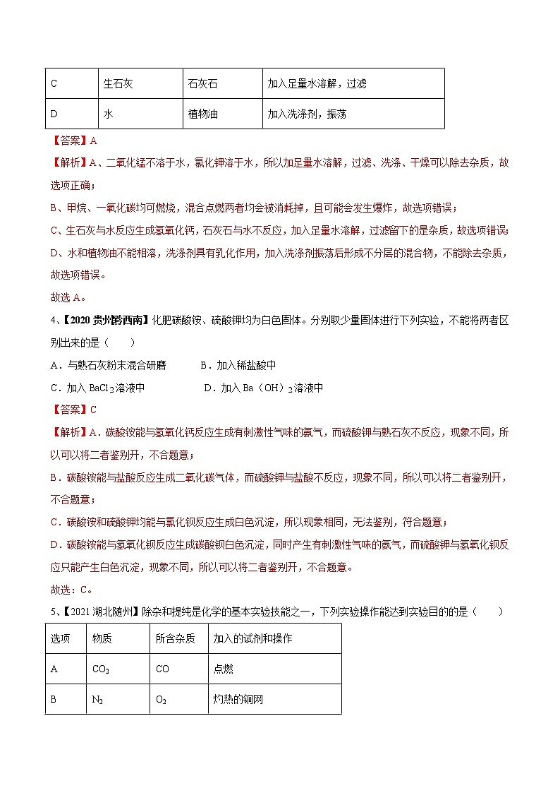专题17 物质的检验与鉴别、分离与提纯（专题精练）-【满分之路】 中考化学一轮复习精讲精练(全国通用)（解析版）第2页