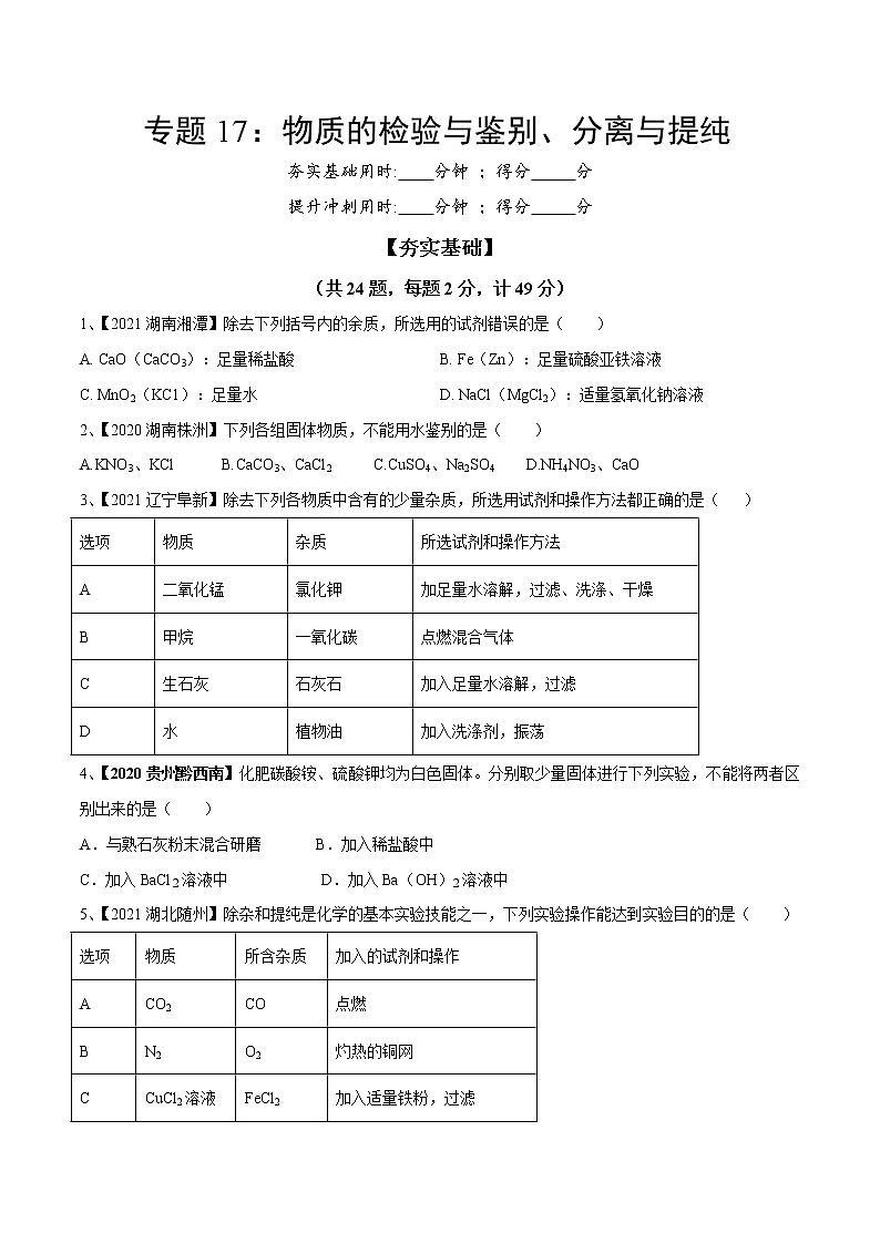 专题17 物质的检验与鉴别、分离与提纯（专题精练）-【满分之路】 中考化学一轮复习精讲精练(全国通用)（原卷版）第1页