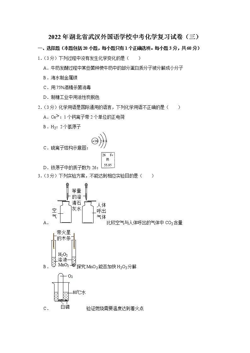 2022年湖北省武汉外国语学校中考化学复习试卷（三）第1页
