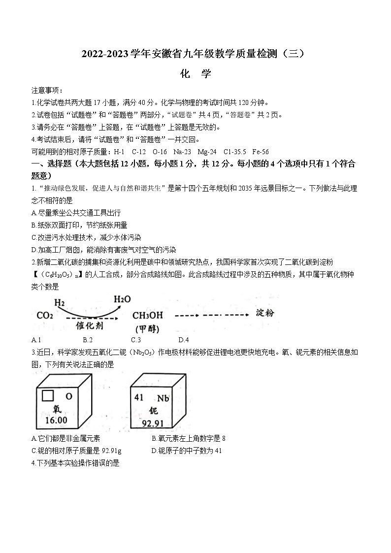 安徽省合肥市巢湖市槐林海如初级中学2022-2023学年九年级上学期第三次月考化学试题(含答案)第1页
