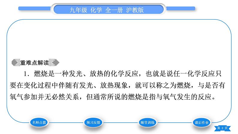 沪教版九年级化学上第4章认识化学变化第1节常见的化学反应——燃烧第1课时燃烧的条件、完全燃烧与不完全燃烧习题课件第2页