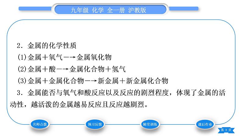 沪教版九年级化学上第5章金属的冶炼与利用第1节金属的性质和利用第1课时金属的性质习题课件03