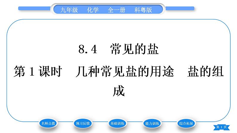 科粤版九年级化学下第八章常见的酸、碱、盐8.4常见的盐第1课时几种常见盐的用途　盐的组成习题课件第1页