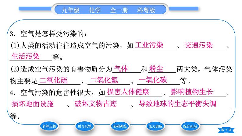 科粤版九年级化学上第二章空气、物质的构成2.1空气的成分第2课时我们的呼吸作用　保护大气环境习题课件07