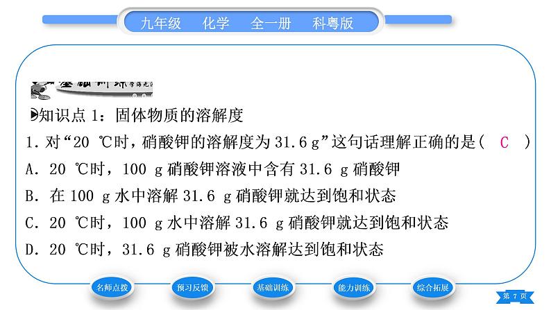 科粤版九年级化学下第七章溶液7.2物质溶解的量第2课时溶解度与溶解度曲线习题课件第7页