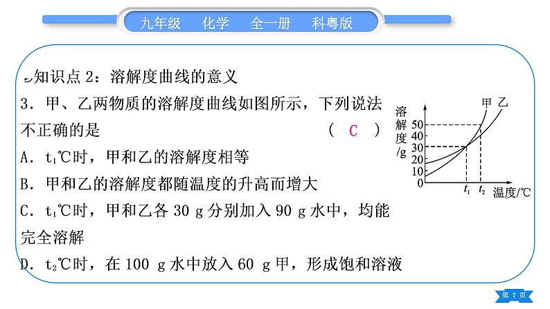 科粤版九年级化学下第七章溶液7.2物质溶解的量专题四溶解度及溶解度曲线习题课件07