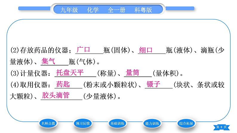 科粤版九年级化学上第一章大家都来学化学1.2化学实验室之旅第1课时常用的化学仪器　药品的取用习题课件第8页