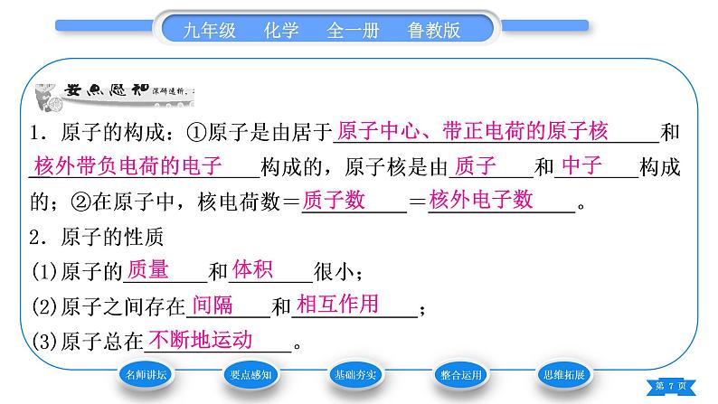 鲁教版九年级化学上第二单元探秘水世界第三节原子的构成第1课时原子的结构　原子质量的计量习题课件第7页