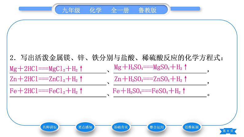 鲁教版九年级化学下第九单元金属第二节金属的化学性质第1课金属与氧气、酸的反应习题课件08