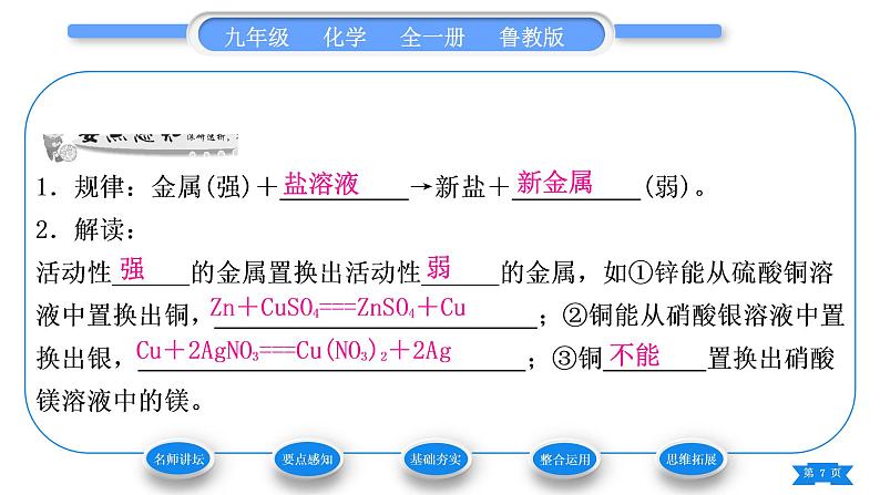 鲁教版九年级化学下第九单元金属第二节金属的化学性质第2课时金属与盐溶液的反应习题课件第7页