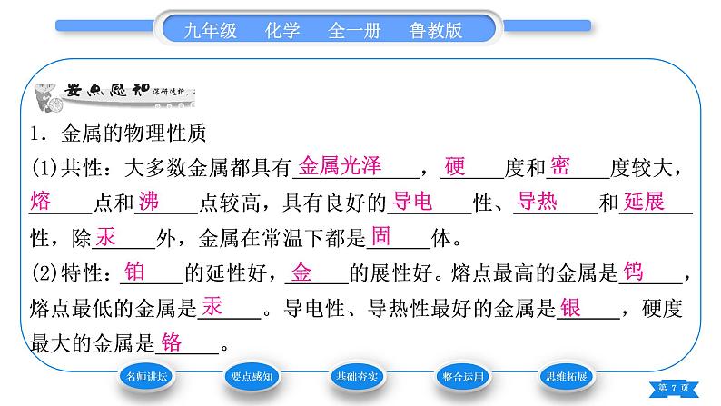 鲁教版九年级化学下第九单元金属第一节常见的金属材料第1课时金属的物理性质　合金习题课件第7页