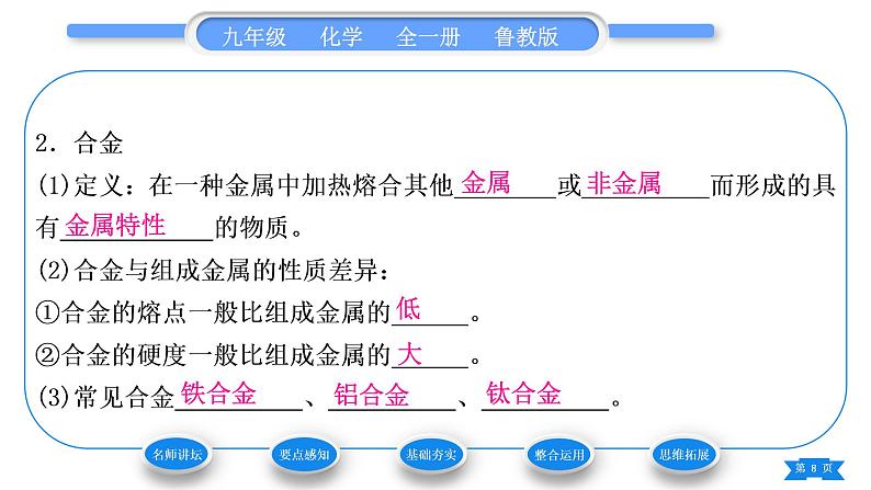 鲁教版九年级化学下第九单元金属第一节常见的金属材料第1课时金属的物理性质　合金习题课件第8页