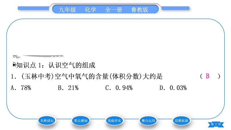 鲁教版九年级化学上第四单元我们周围的空气第一节空气的成分第1课时认识空气的组成习题课件07