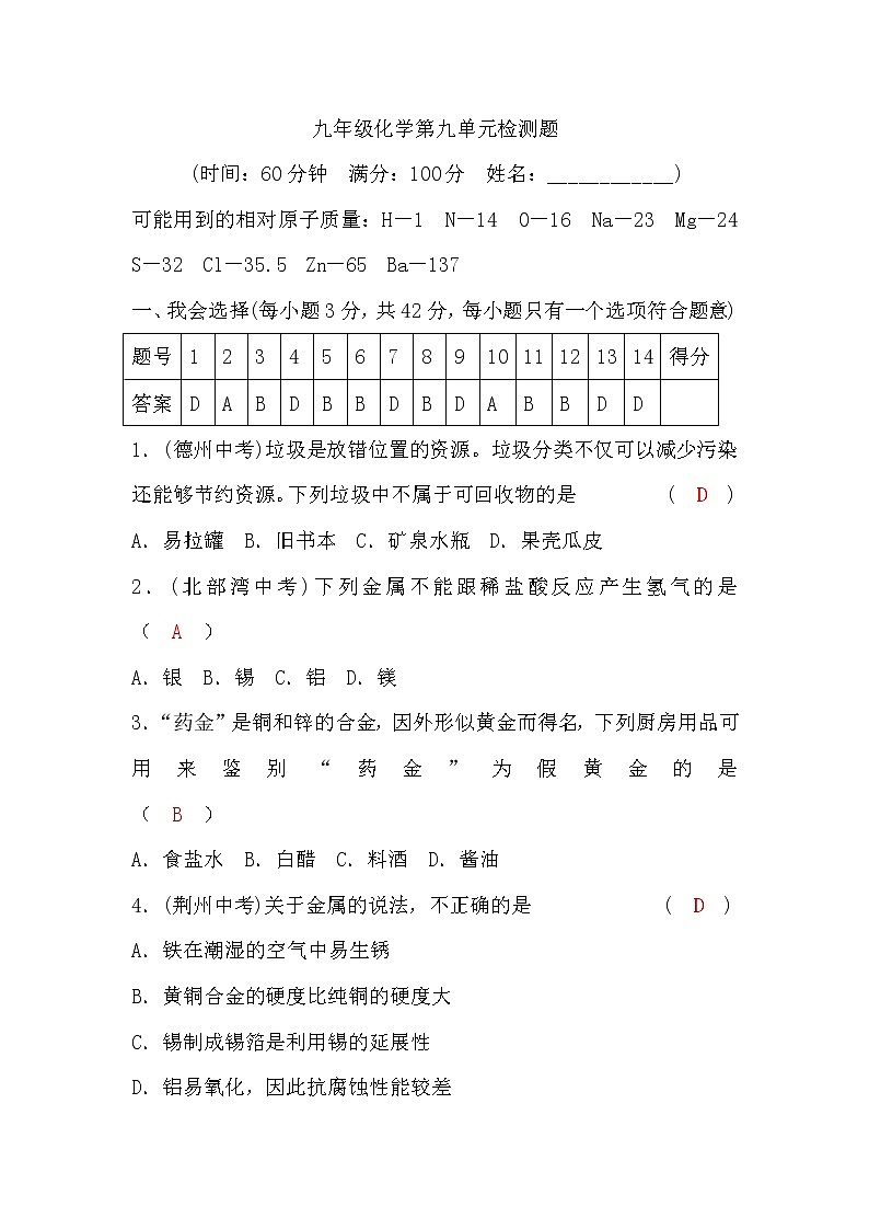 鲁教版九年级化学第九单元检测题(word版，含答案)第1页