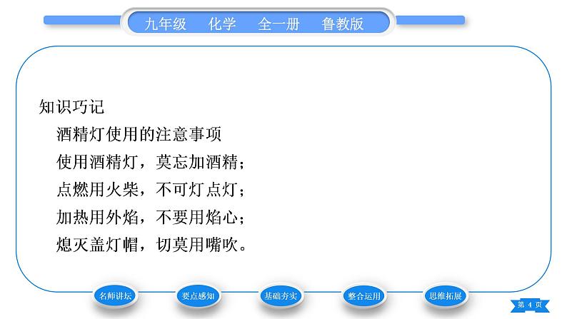 鲁教版九年级化学上第一单元步入化学殿堂到实验室去：化学实验基本技能训练(一)第2课时物质的加热习题课件04