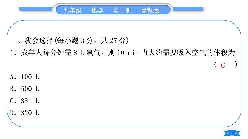 鲁教版九年级化学上单元周周测五(4.1－4.2)习题课件第2页