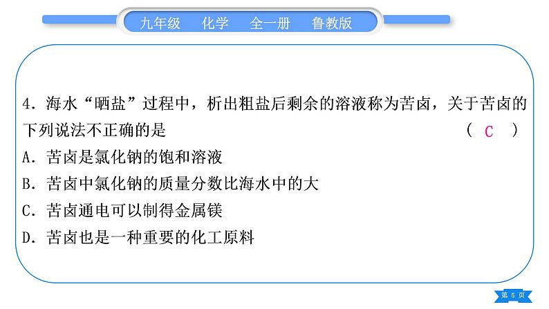 鲁教版九年级化学下单元周周测十一(8.1－8.2)习题课件第5页