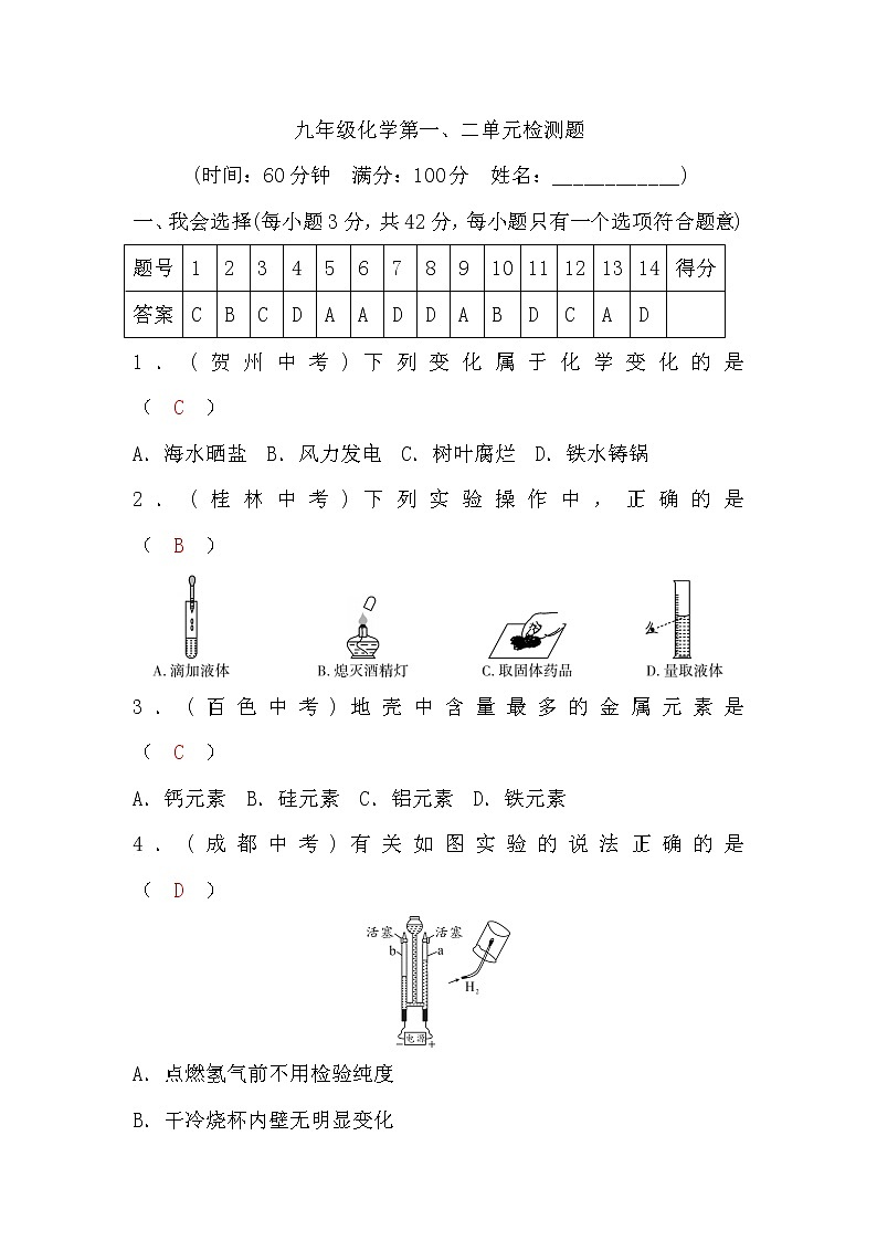 鲁教版九年级化学第一、二单元检测题(word版，含答案)第1页