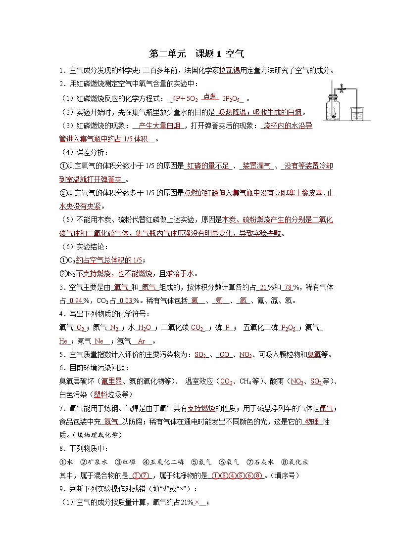 第二单元 我们周围的空气-【晨读晚默】2022-2023学年九年级化学同步单元复习知识汇总（人教版）（晨读版） 试卷01