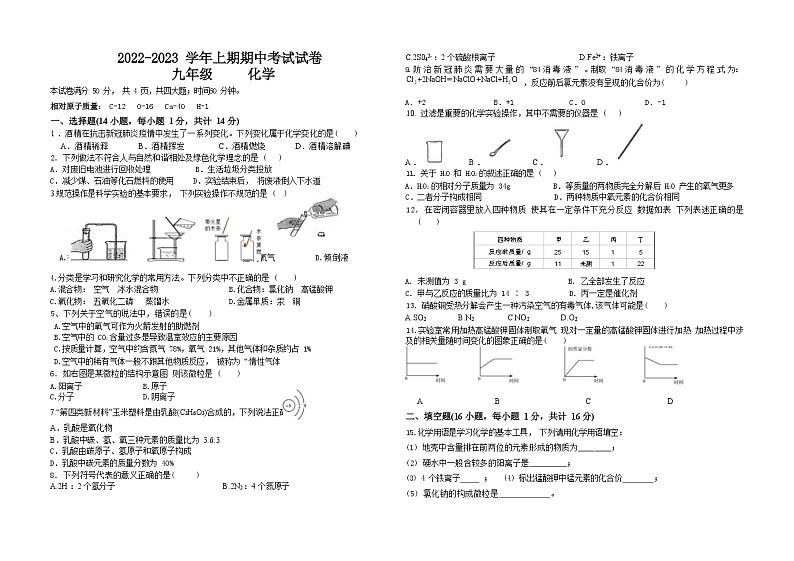 河南省郑州市第十九初级中学2022-2023学年九年级上学期期中考试化学试题（Word版无答案）第1页