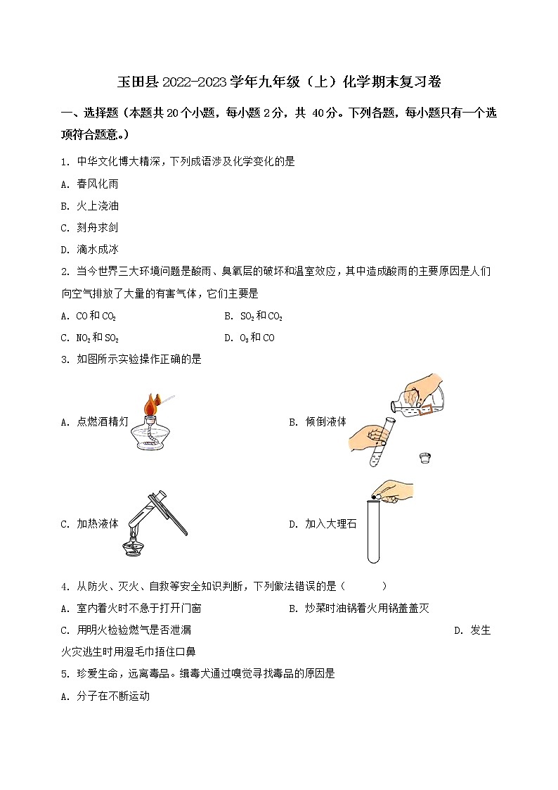 河北省玉田县2022-2023学年九年级（上）化学期末复习卷【含答案及详细解析】第1页