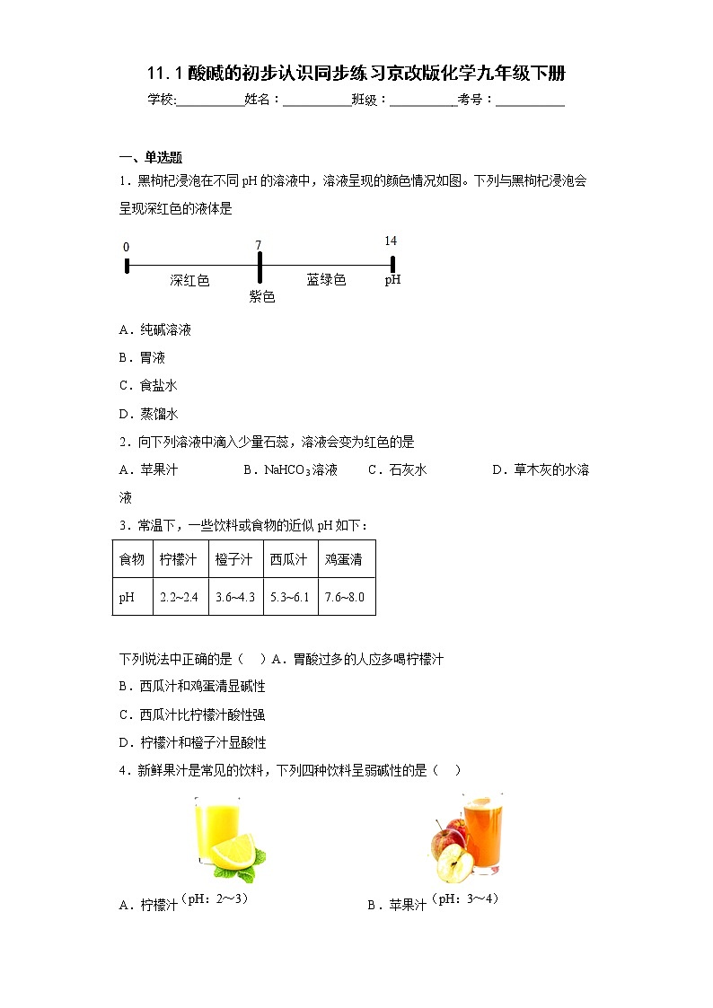 11.1酸碱的初步认识同步练习京改版化学九年级下册第1页