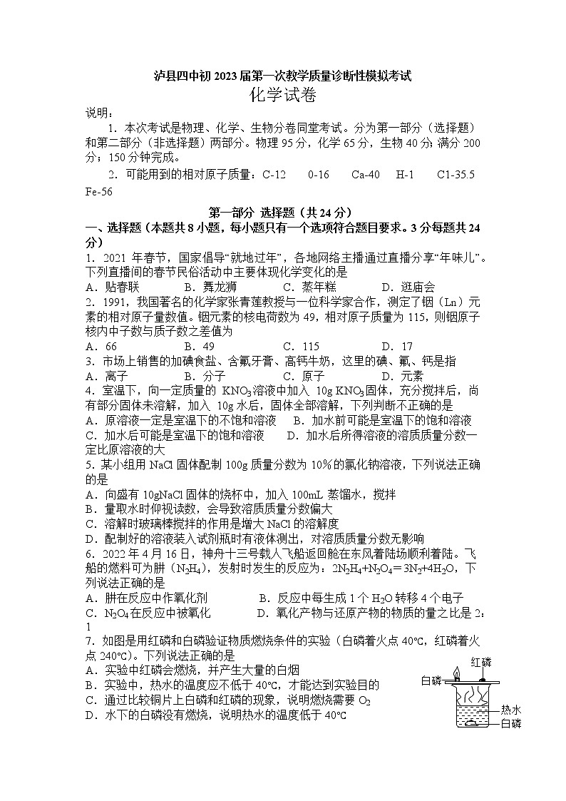 2023年四川省泸州市泸县第四中学中考一诊化学试题01