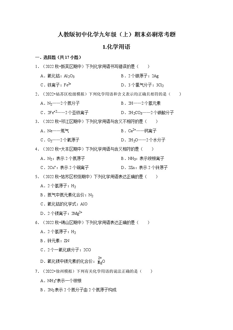 1.化学用语  2022-2023学年人教版初中九年级上册化学期末必刷常考题第1页