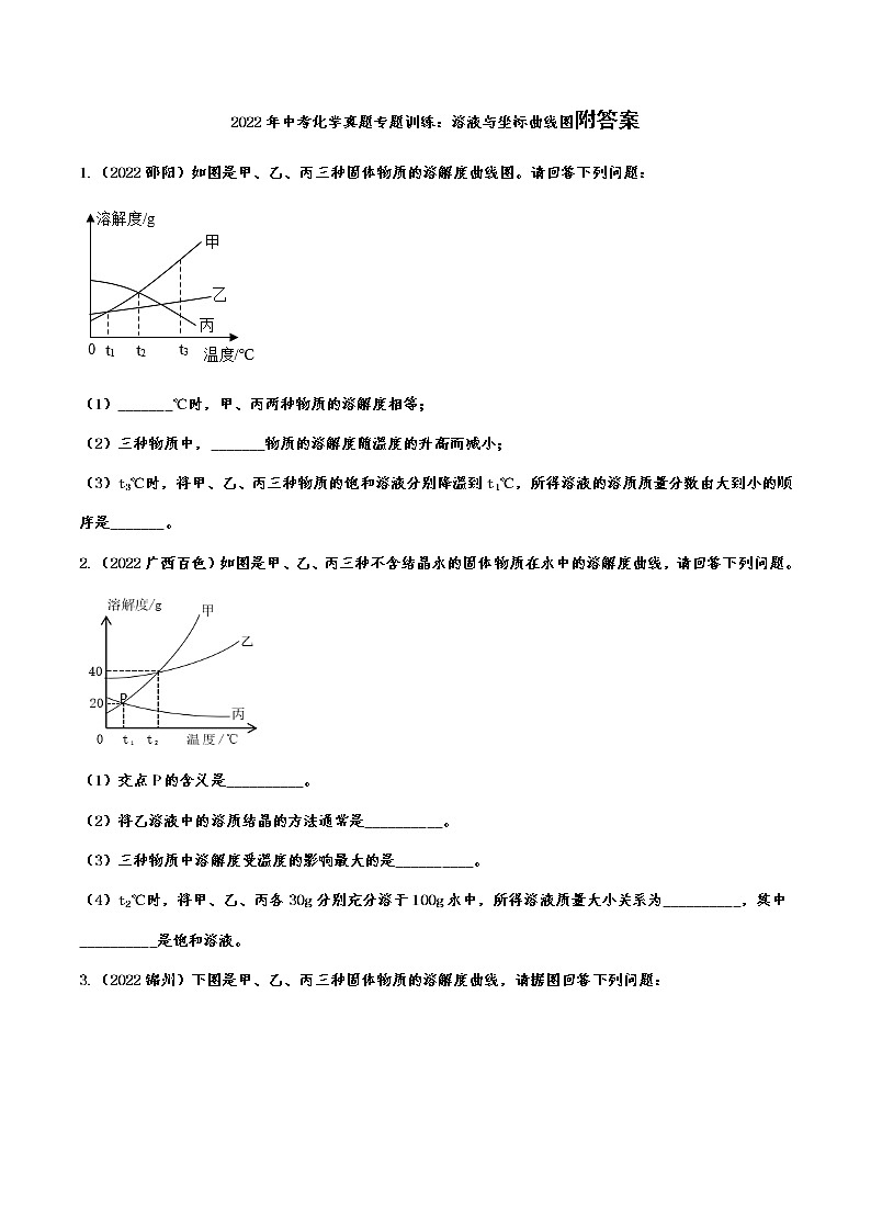 2022年中考化学真题专题训练：溶液与坐标曲线图附答案第1页