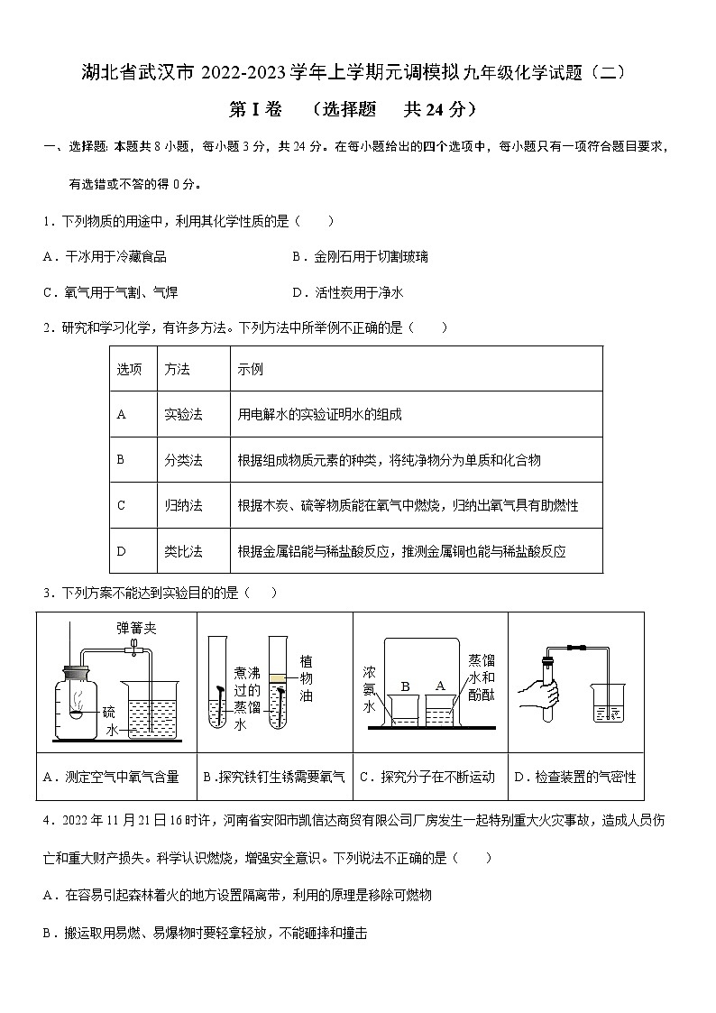 湖北省武汉市2022-2023学年上学期元调模拟九年级化学试题（二）(含答案)01