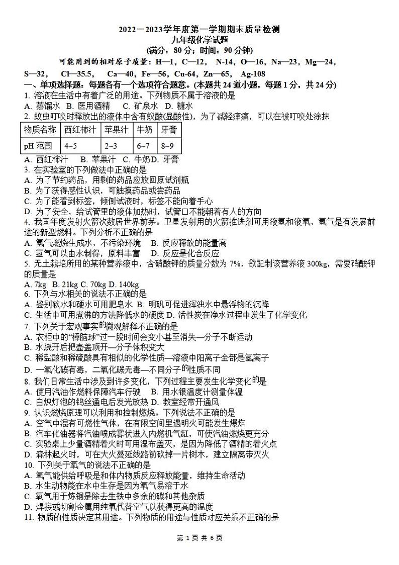 山东省青岛市第三十九中学2022-2023学年九年级上学期期末化学试题第1页