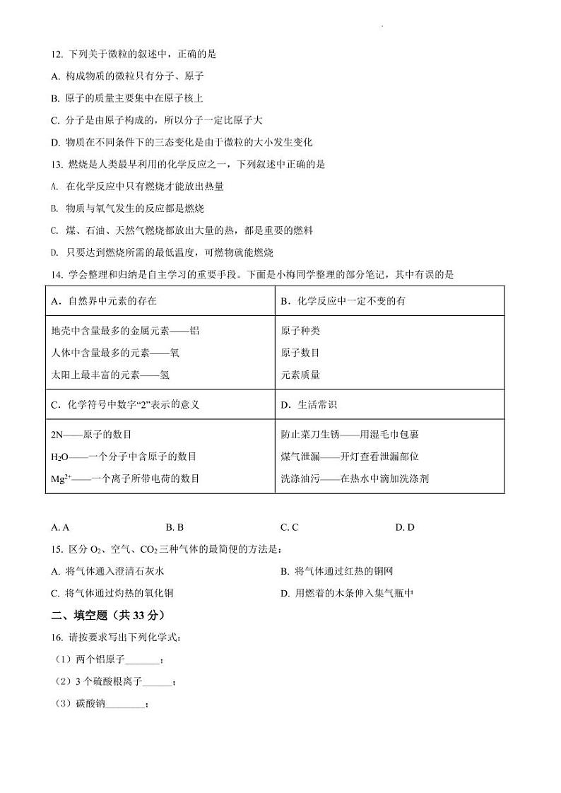 青竹湖湘一外国语学校2021-2022学年九年级上学期期末化学试题（有答案）第3页